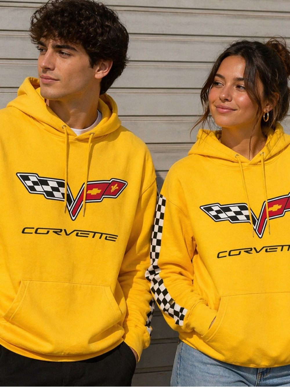 Celebrity Yellow Corvette hoody sweatshirt w/checkered flag trim on sleeves. SzL